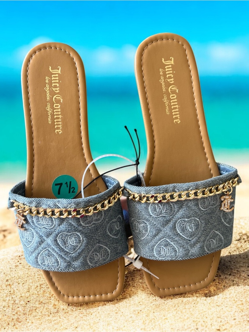 Juicy Couture size 7.5 Blue Denim Slide Sandals with Gold Chain